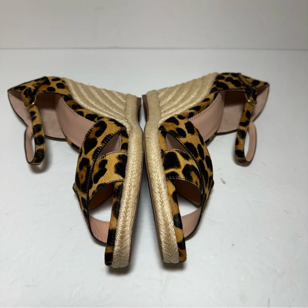 New J. CREW Leopard Print Calf Hair Tan Black Wedge Espadrille Sandals Size 9.5